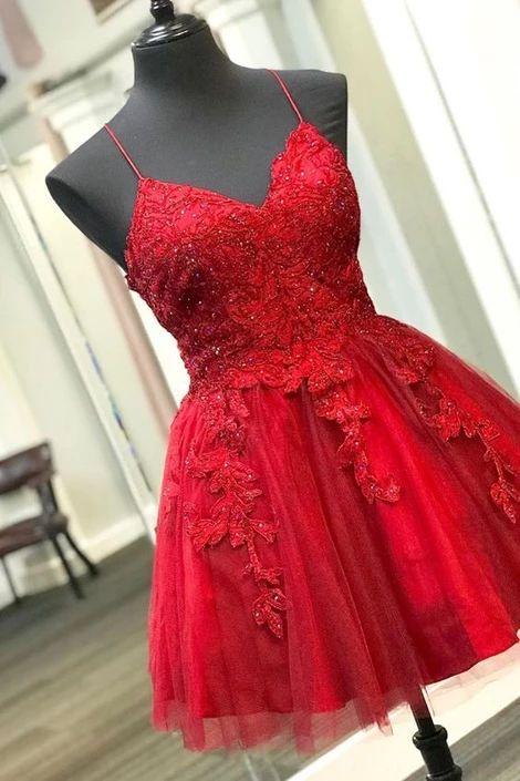 Straps Lace Appliqued Red Short Homecoming Dress CD4200