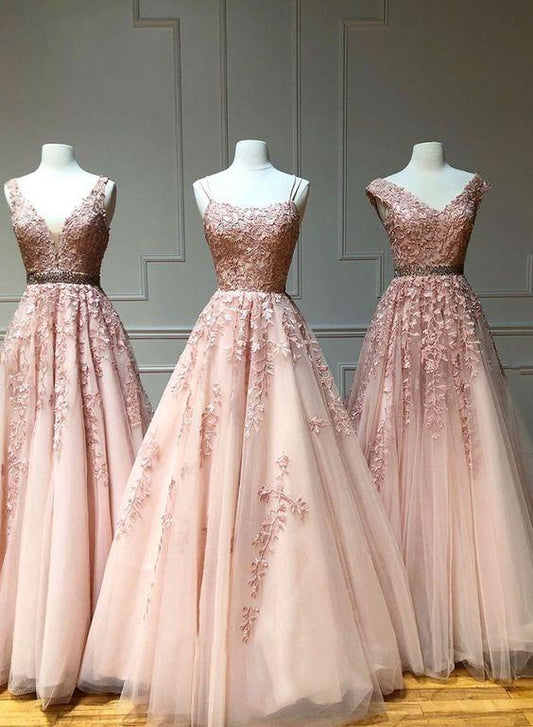 Pink tulle lace long prom dress, pink evening dress, formal dress CD4207