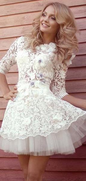 A-Line Round Neck Half Sleeves Lace Homecoming Dresses With Flowers CD4208