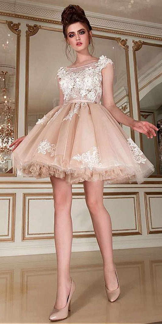 Romantic Tulle & Lace Scoop Neckline Short homecoming Dress With Lace Appliques & 3D Flowers CD423