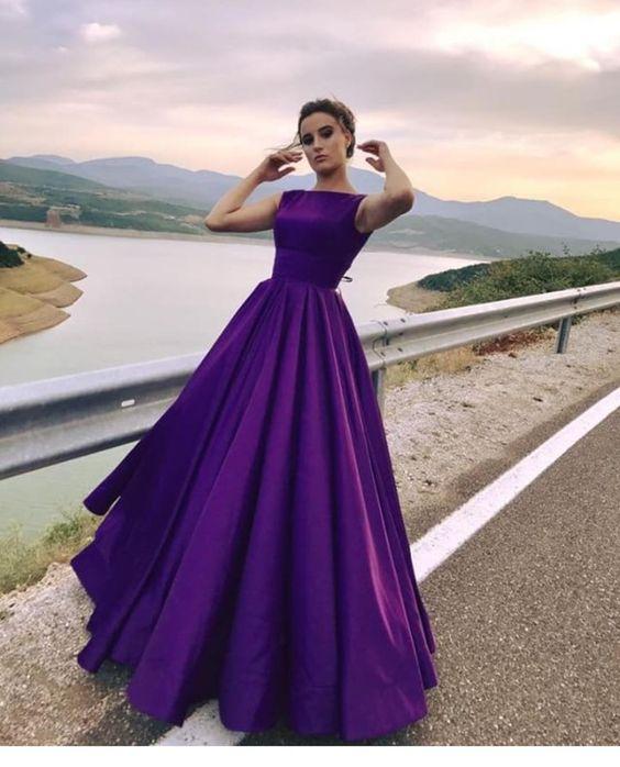 Purple Satin Lovely Ball Gowns Concise Cap Sleeves Evening Party prom Dress CD4273