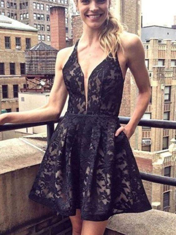 A-Line Deep V-Neck Short Black Lace Homecoming Dress with Pockets CD427