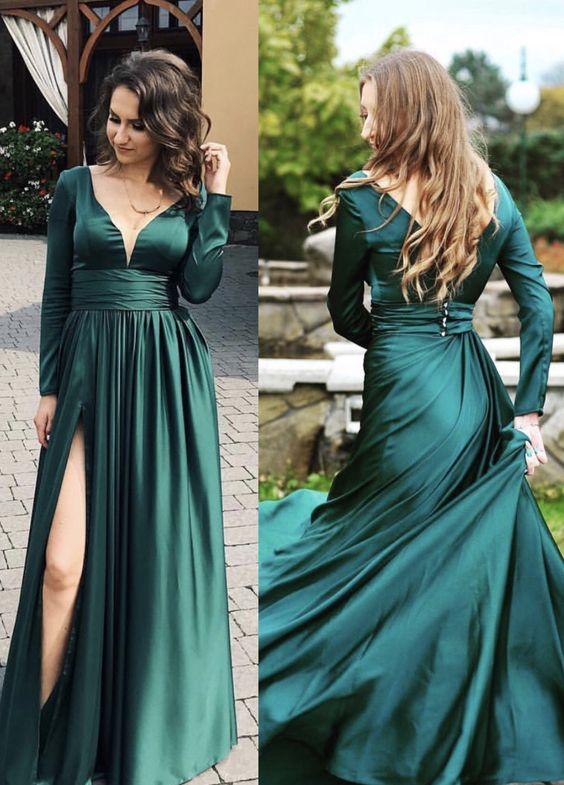 emerald green prom dresses long sleeves evening gown CD4286