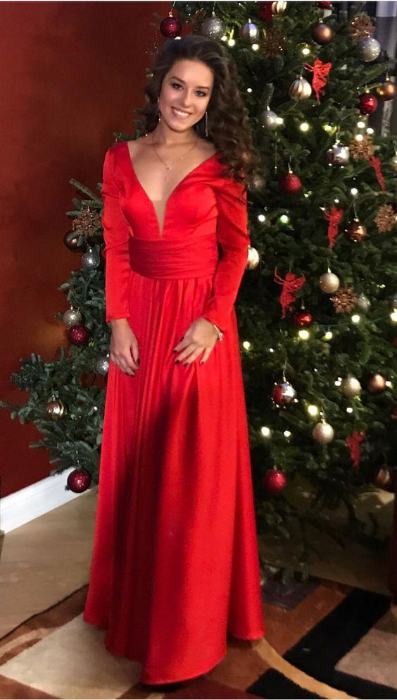 long sleeves prom dresses red chiffon evening gown CD4287
