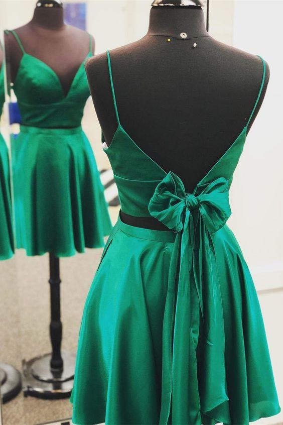 two piece green short homecoming dress with tie back CD4295
