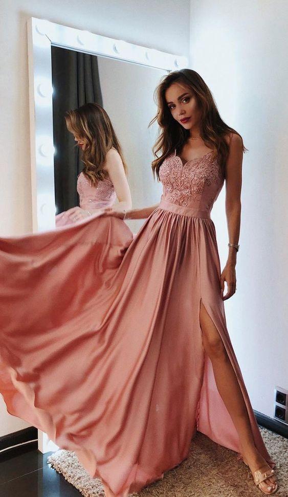 2024 Pink v neck chiffon lace long prom dress, pink evening dress CD4347