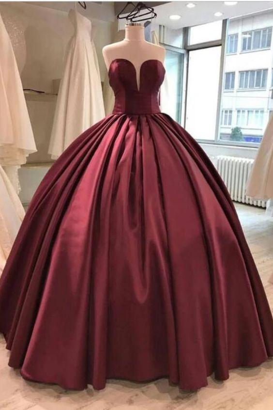 Burgundy Satin Sweetheart Prom Dresses Ball Gowns CD4363