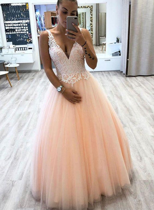 Pink v neck tulle lace long prom dress, pink evening dress CD4368