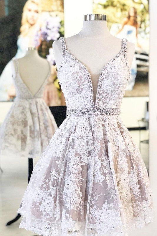 WHITE V NECK TULLE LACE SHORT DRESS, LACE HOMECOMING DRESS CD4387