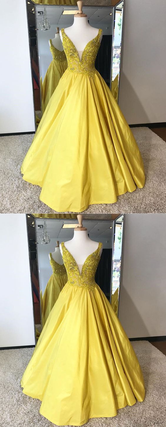 Shinning yellow satin long winter formal prom dress, long A-line evening gown CD4399