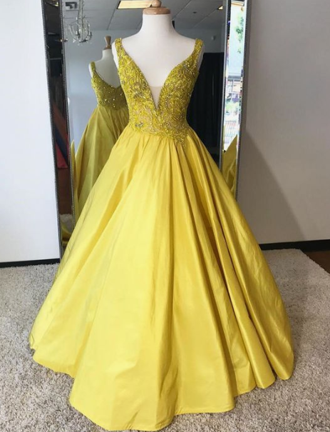 Shinning yellow satin long winter formal prom dress, long A-line evening gown CD4399