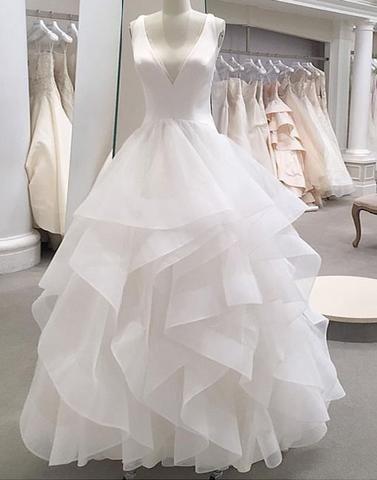 White tulle v neck long ruffles formal prom dress, wedding dress CD4413