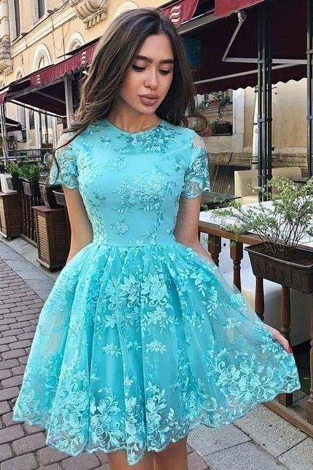 formal lace homecoming dresses short, short sleeves graduation party dresses, simple blue homecoming dresses for teens CD4445