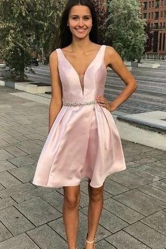 Plunging V-neckline Light Pink Homecoming Dress CD4448