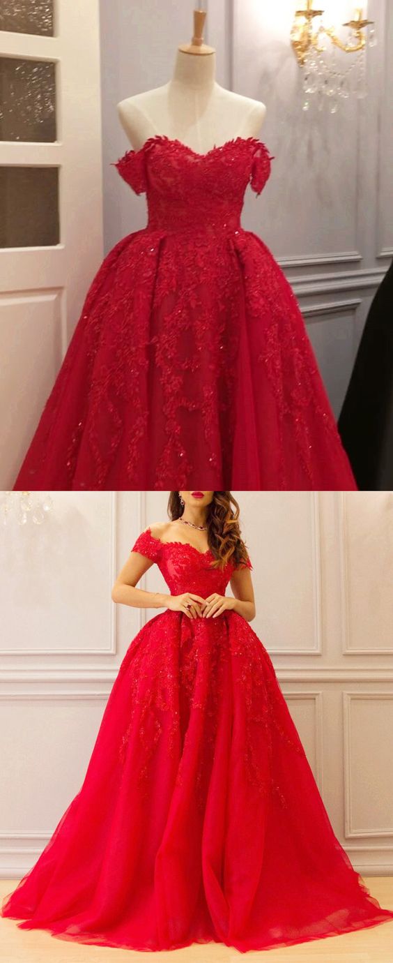 long red tulle prom dresses lace embroidery evening gowns off shoulder CD4502
