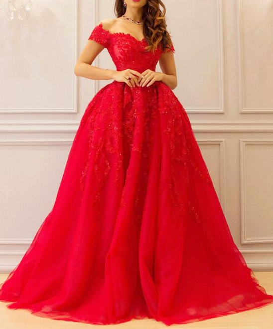 long red tulle prom dresses lace embroidery evening gowns off shoulder CD4502