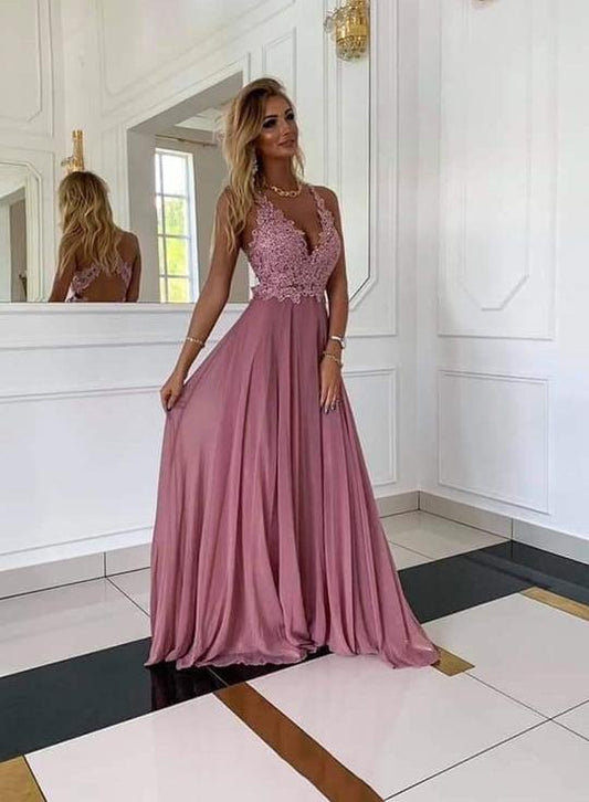 Stylish v neck chiffon lace long prom dress, evening dress CD4556
