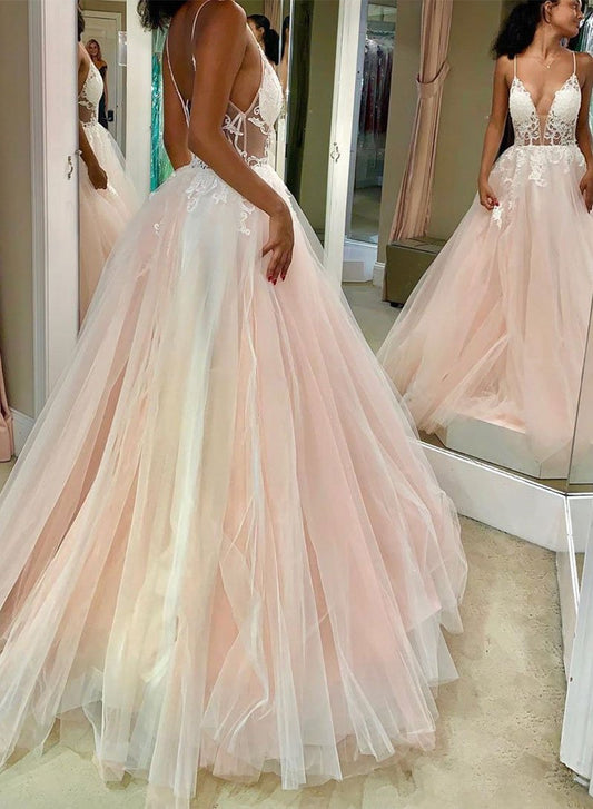 Pink v neck tulle lace long prom dress, pink evening dress CD4559