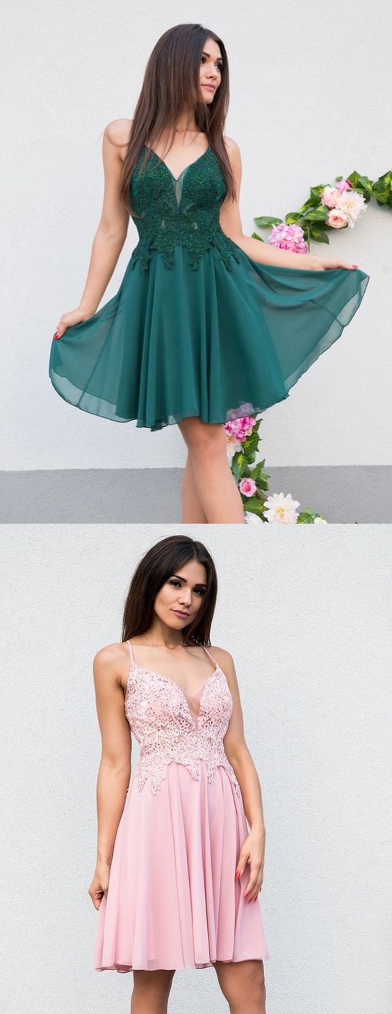 A Line V Neck Short Pink/Green Lace homecoming Dresses, V Neck Short Lace Dresses CD4587