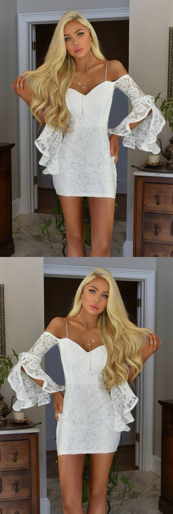 Sheath Off-the-Shoulder Bell Sleeves Short White Lace Homecoming Cocktail Dress CD4588