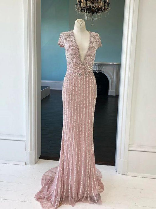 Blush Pink Sparkly Long Prom Dresses Short Sleeve V neck Beaded Custom Evening Dress Formal Gowns CD4593