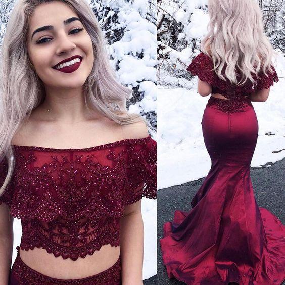 Two Piece Off-the-Shoulder Dark Red Satin Prom Dress with Lace Beading, burgundy prom dress CD459