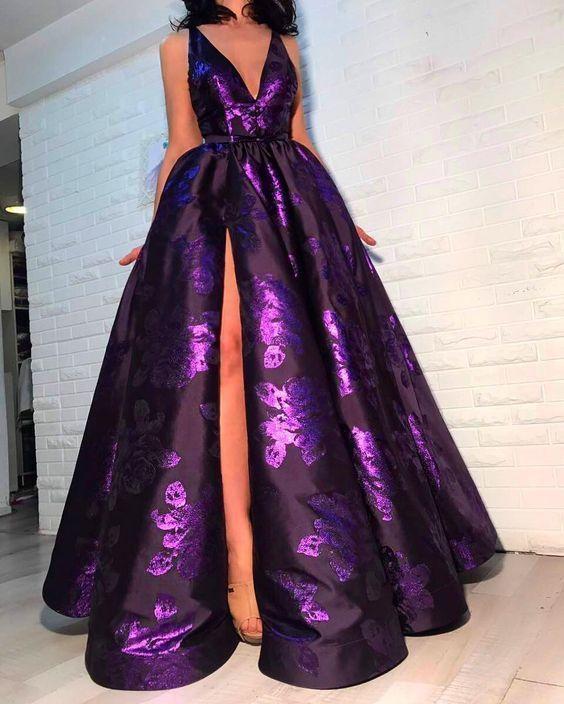 Luxvriou modena a-line prom dress, sexy high slit v-neck evening dress CD4606
