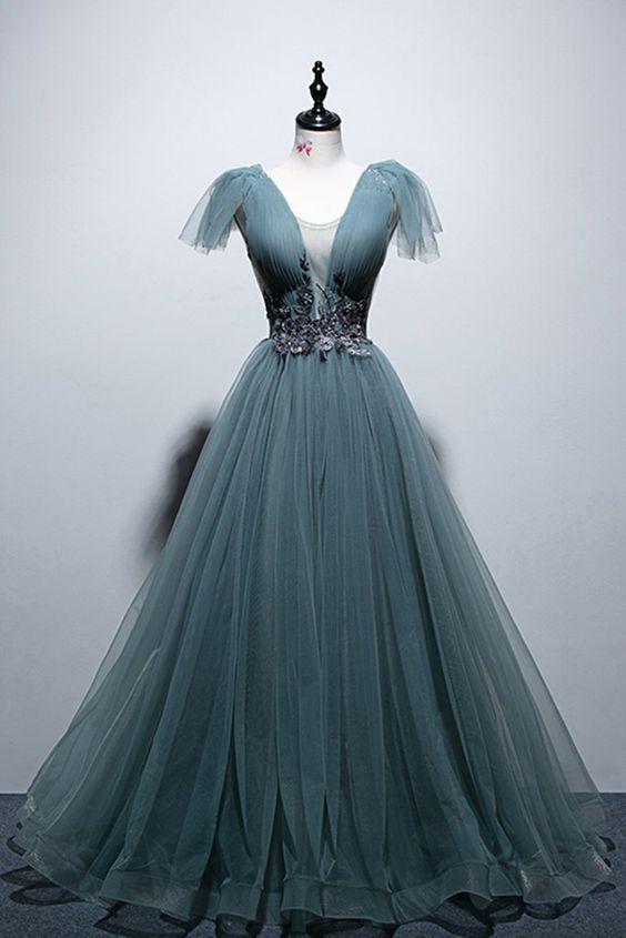 Deep Green Tulle Open Back Cap Sleeve Long Prom Dress, Formal Dress CD4625