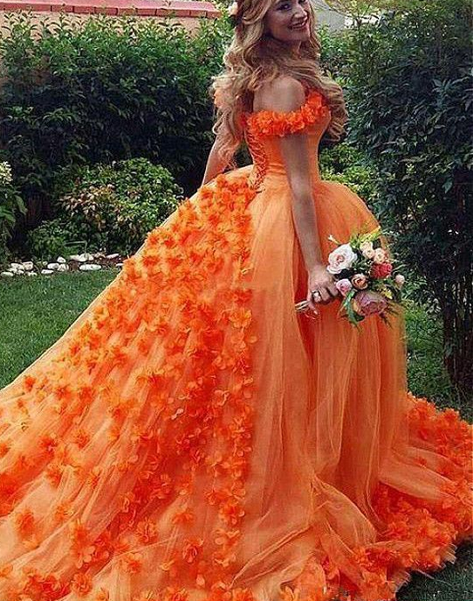 Chic A-line Off-the-Shoulder Orange Prom Dresses Tulle Long Prom Dress Evening Dress CD4631