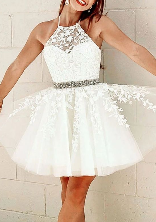 White tulle lace short dress white lace homecoming dress CD4647