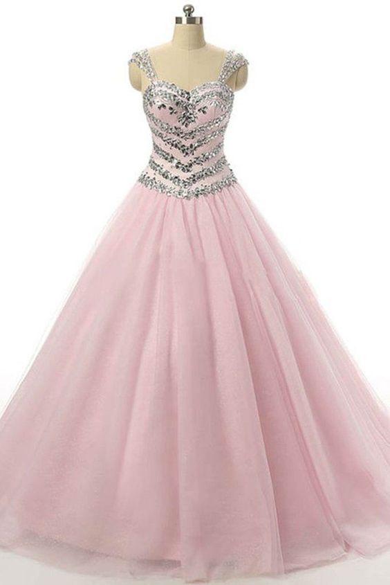 Princess pink tulle sequins beading straps long prom dresses, ball gown dresses CD4652