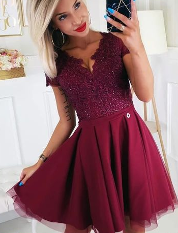 Short Sleeves Burgundy Lace Homecoming Dresses CD4729