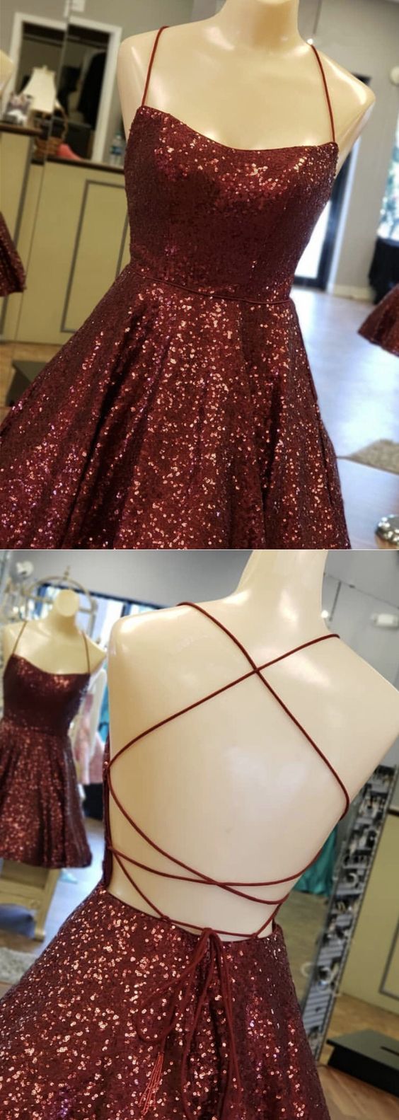 burgundy sequin homecoming dress open back CD4751
