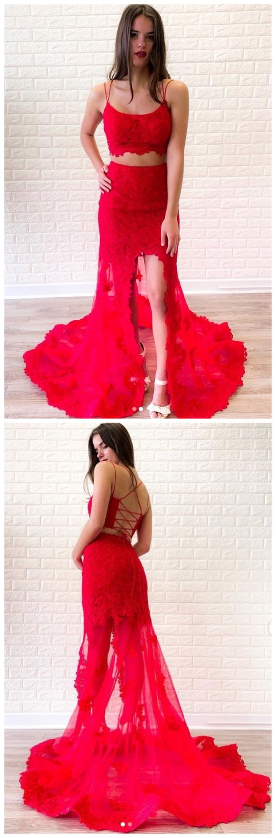 Red two pieces lace long prom dress, red lace evening dress CD4782