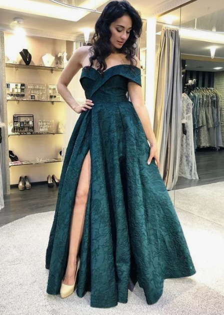 A-Line Off-the-Shoulder Floor-Length Dark Green Prom Dress with Split CD4786