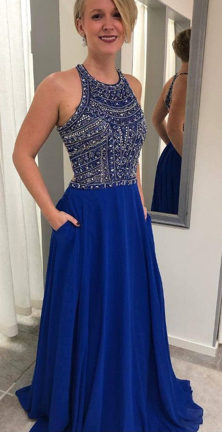 Beading Royal Blue Long Prom Dress with Lace CD4797