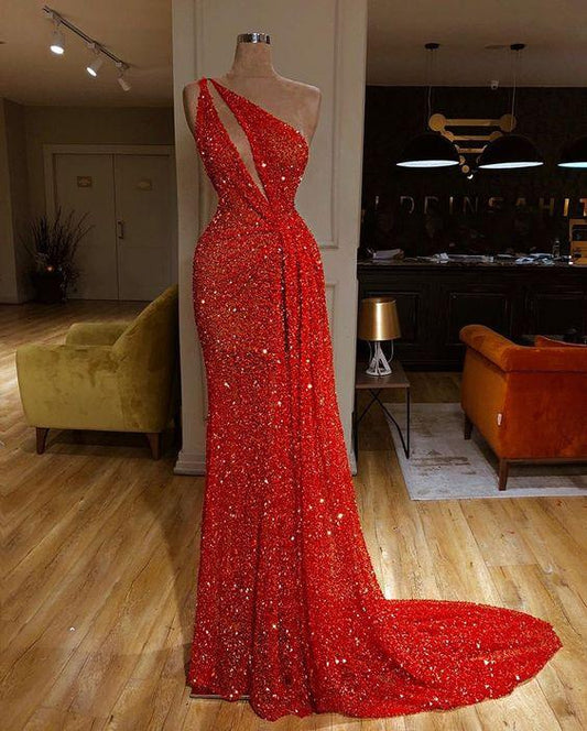 Red long prom dress sequin party gown CD4833