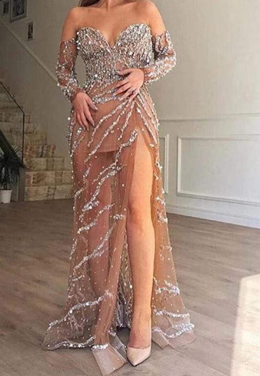 Sweetheart Off the Shoulder Champagne Prom Evening Dresses with Beading CD4856