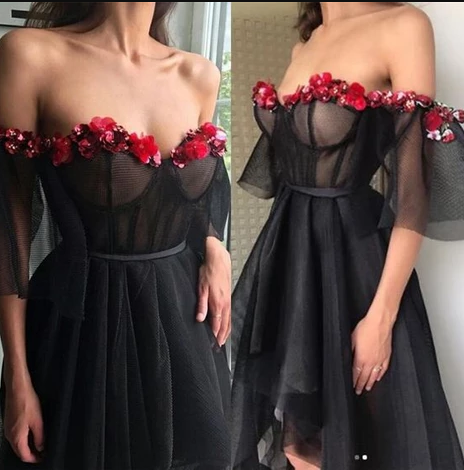 Off the Shoulder Black Prom Dress With Flower CD4882