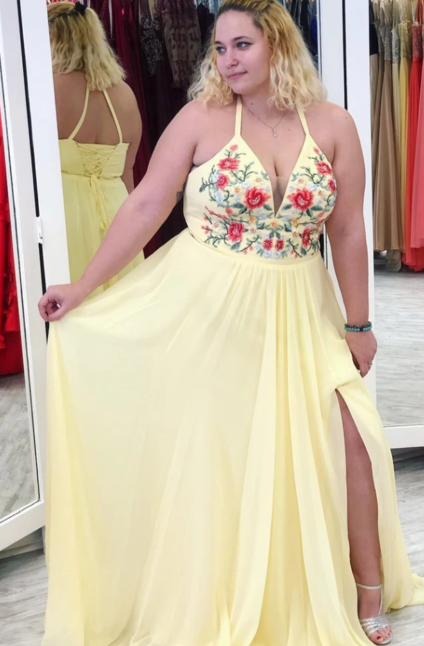 Yellow Halter Appliques Plus Size Prom Dress with Slit, A Line V Neck Sleeveless Party Dress CD4953