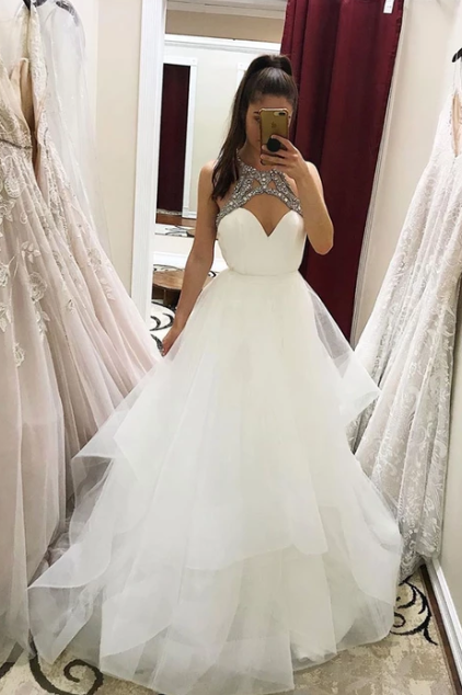 White tulle ruffled long A line prom dress, formal dress CD4974