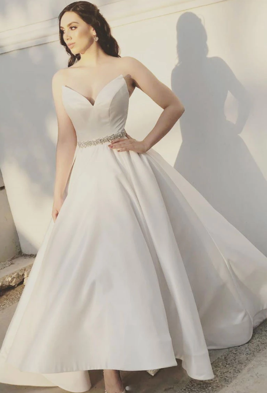 White sweetheart satin tea Length prom dress, bridesmaid dress CD4981