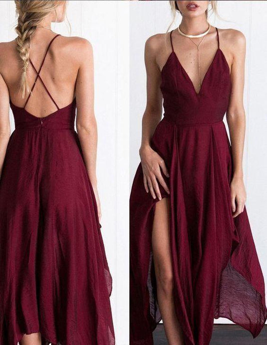 Sexy Dark Red Chiffon V-neck Dresses, Cheap Spaghetti Straps Short Prom Dresses CD498