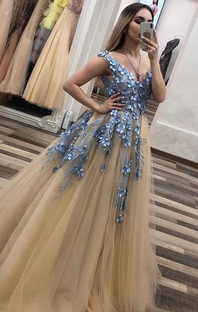 Champagne v neck tulle lace long prom dress champagne evening dress CD5013