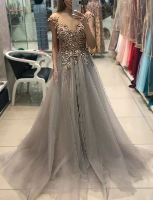 Gray v neck tulle lace long prom dress, gray evening dress CD5027