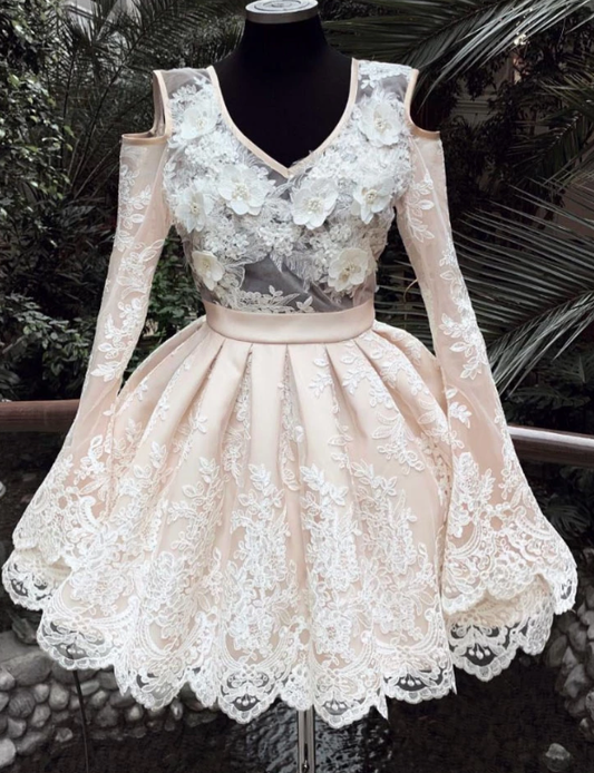 Champagne v neck lace short party dress, lace homecoming dress CD5029