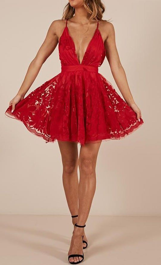 red lace homecoming dresses, cheap short homecoming dresses, sexy deep v neck cocktail dresses CD5067