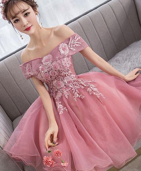 Pink tulle lace short party dress pink lace homecoming dress CD5078