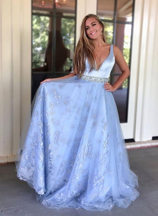 Blue Satin Lace Beaded Long V Neck Senior Prom Dress, Evening Dress CD5085