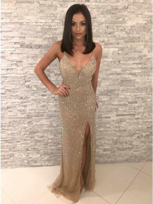Mermaid Spaghetti Straps Backless Champagne Prom Dress with Sequins CD5112